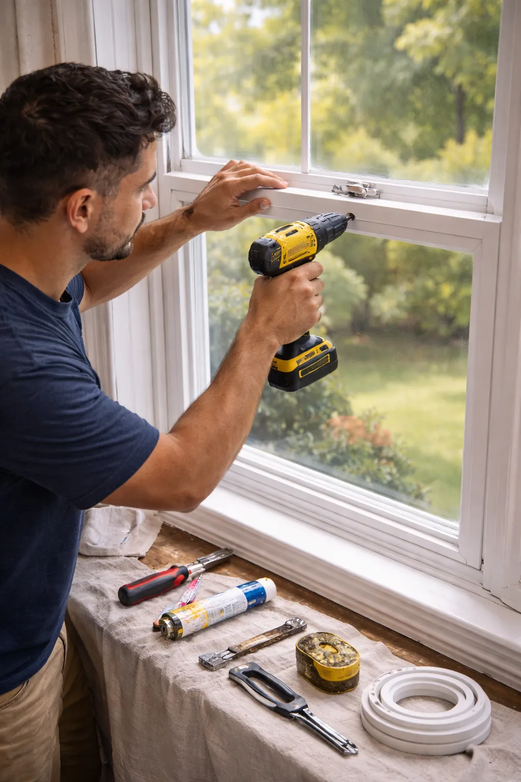 Handyman repairing window latch and securing window frame with power drill during home window repair