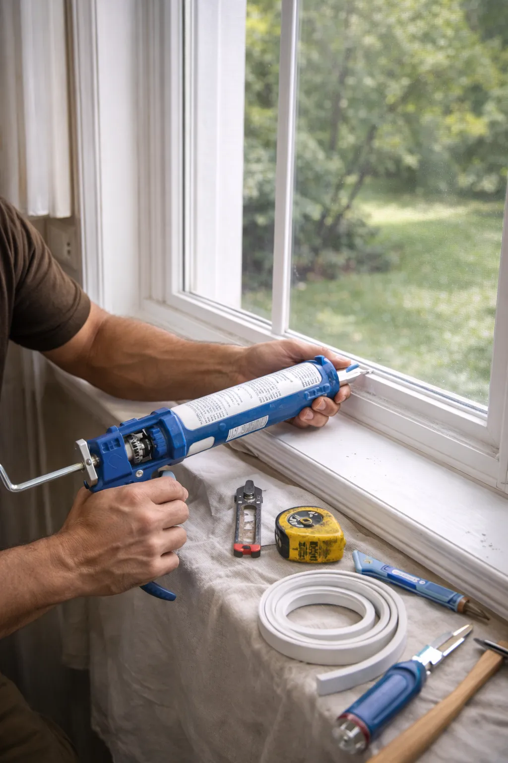 Handyman applying window caulk with sealant gun to improve insulation and seal window frame