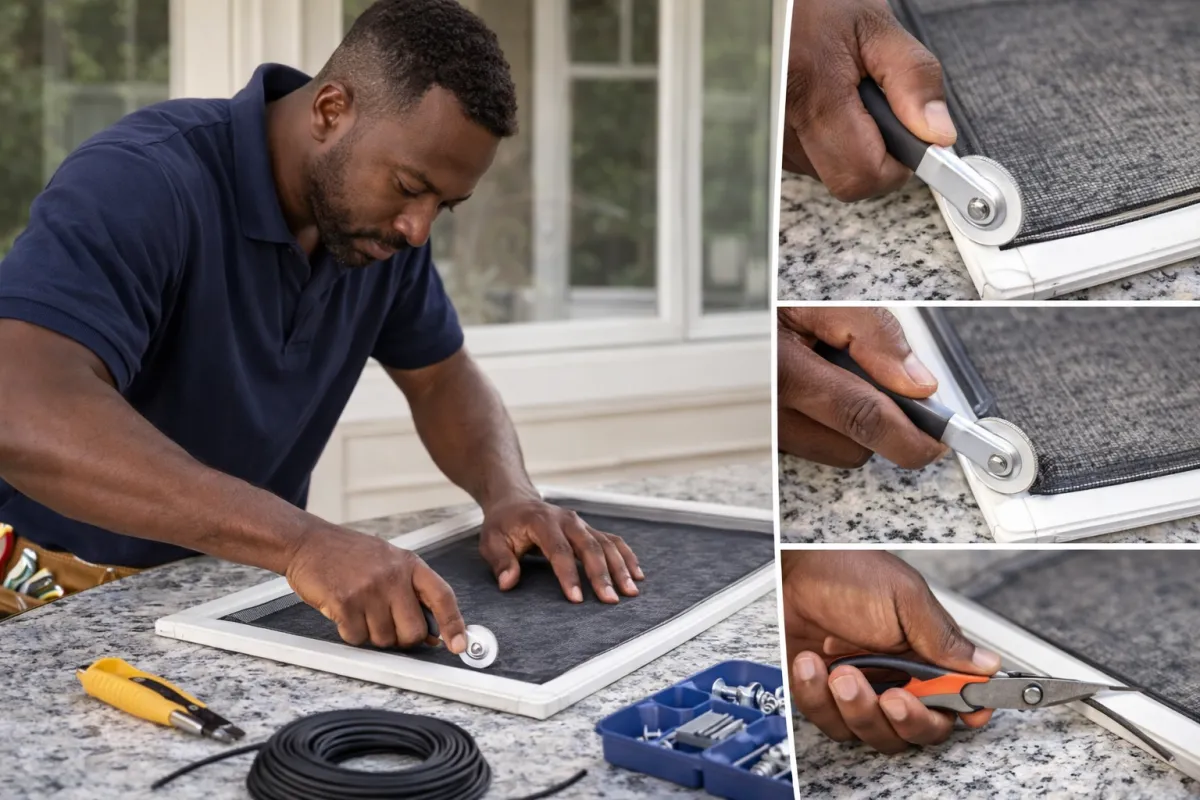 Electrician installing a ceiling fan in a bedroom using a cordless drill while standing on a ladder, home electrical installation service.