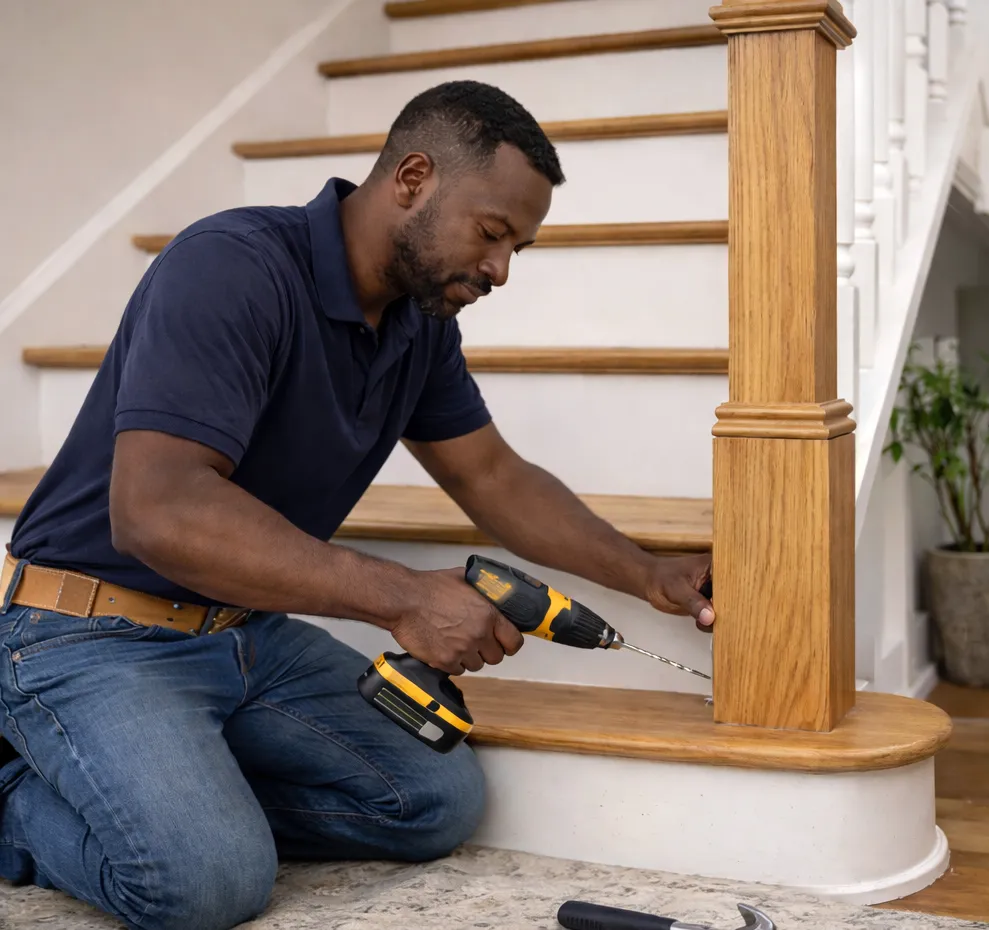 Handyman repairing wooden stair railing and securing newel post with power drill during staircase repair