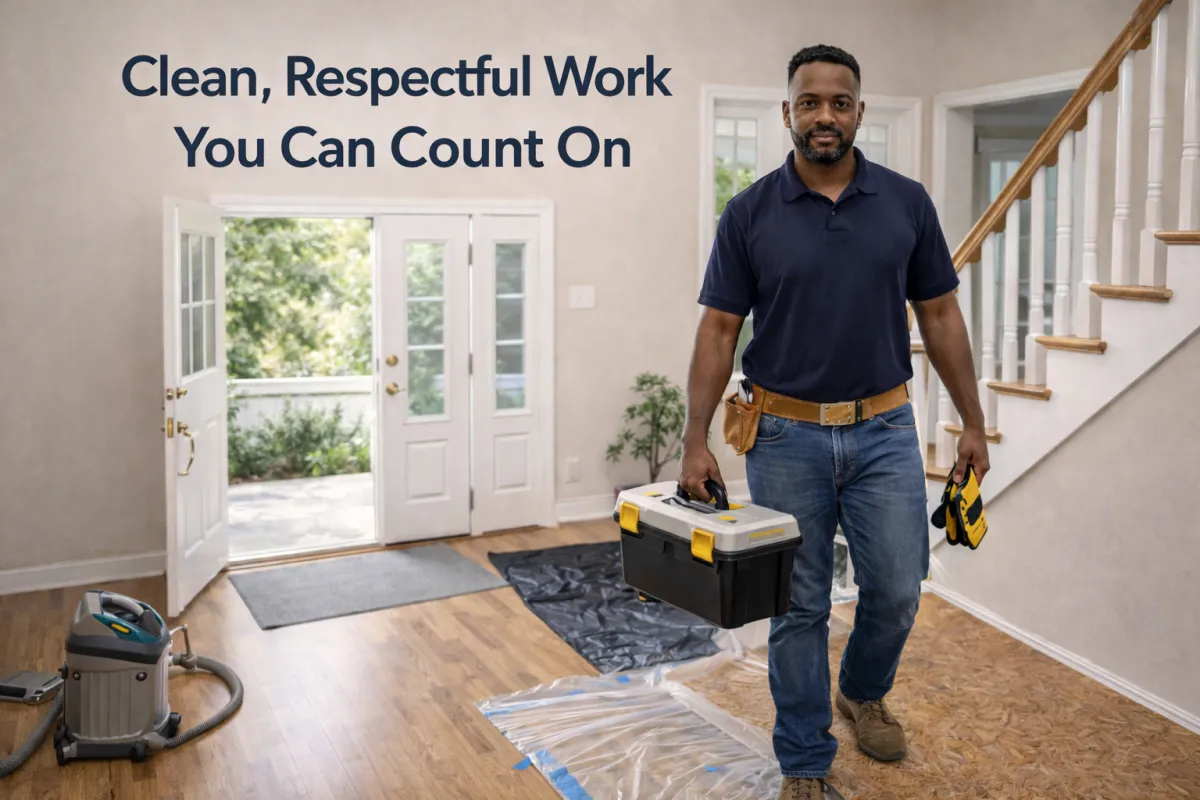 Professional handyman arriving for home repair service with tools, showing clean and respectful workmanship