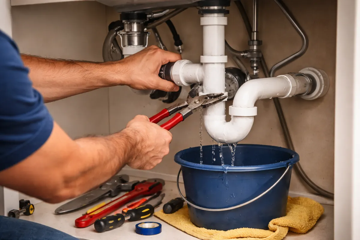 Plumber repairing a leaking kitchen sink P-trap under the cabinet with a bucket catching water.