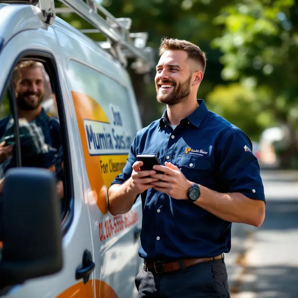 Tradesperson smiling while checking job notifications on phone