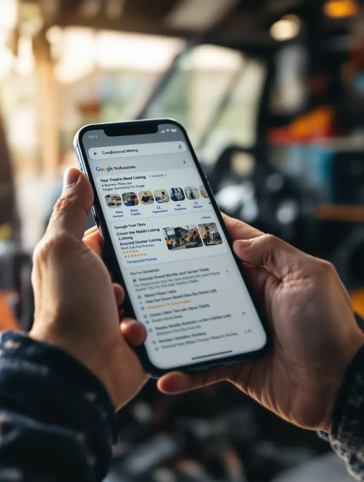 Tradesperson checking Google search results on their phone