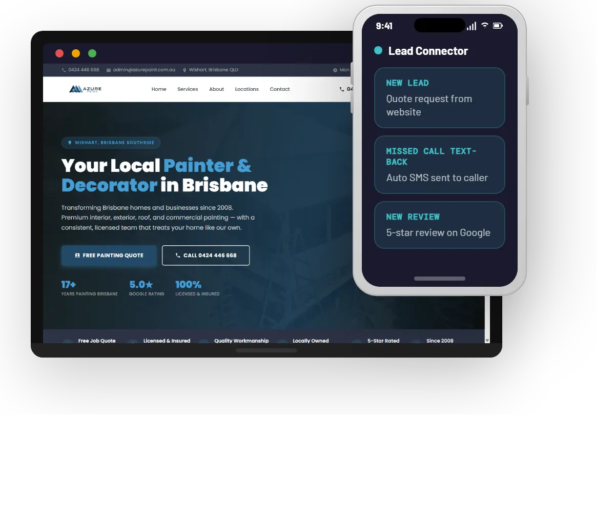 Action Digital client website on laptop with mobile lead notifications from the connected platform