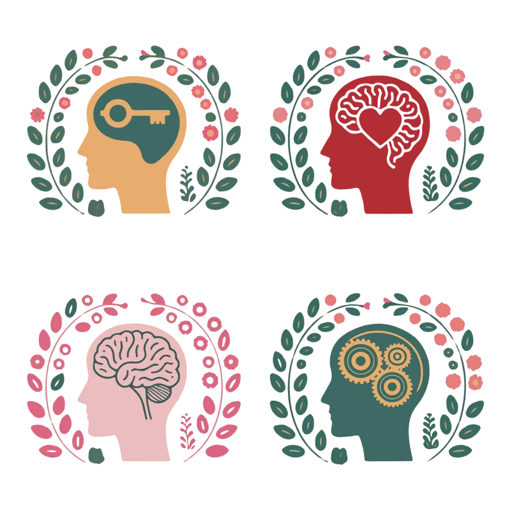 Illustrated icon of head with key representing understanding, icon of head with heart representing empathy, icon of head with brain representing cognitive awareness, & icon of head with gears representing problem-solving