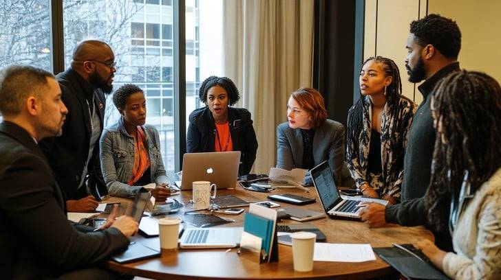 Professional business team meeting in modern conference room going through 360 feedback
