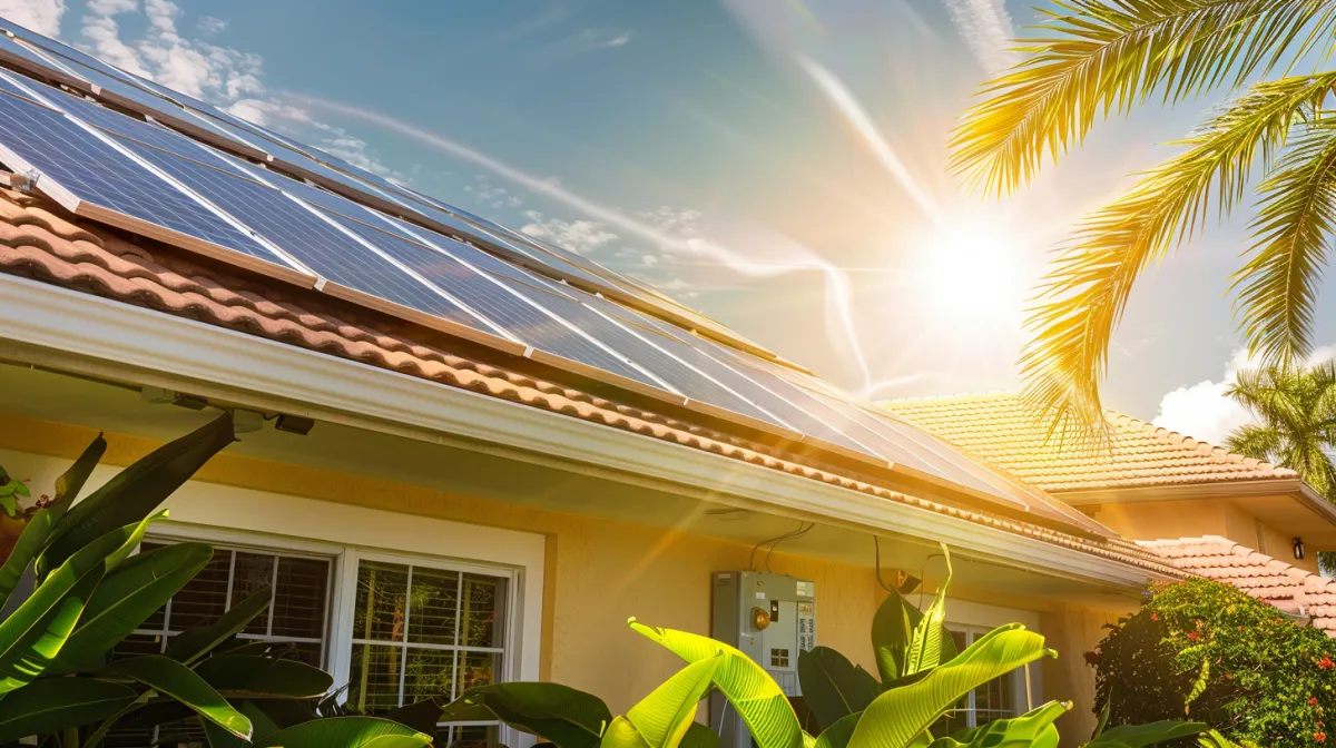 Soligo solar panel array installed on a residential rooftop under clear blue Florida skies