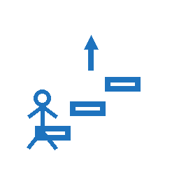 Blue line icon of a person by ascending steps with an upward arrow, representing career and professional growth coaching.