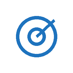 Blue line icon of a target with an arrow hitting the bullseye, symbolizing leadership and execution coaching.