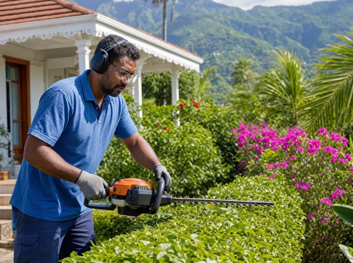 Jardinier Elsa Services taillant une haie dans un jardin à La Réunion
