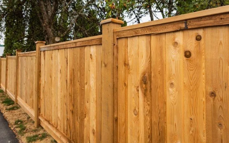 A newly installed, tall vertical-board wooden privacy fence, showcasing quality craftsmanship from a Fencing Contractor in Galt CA.