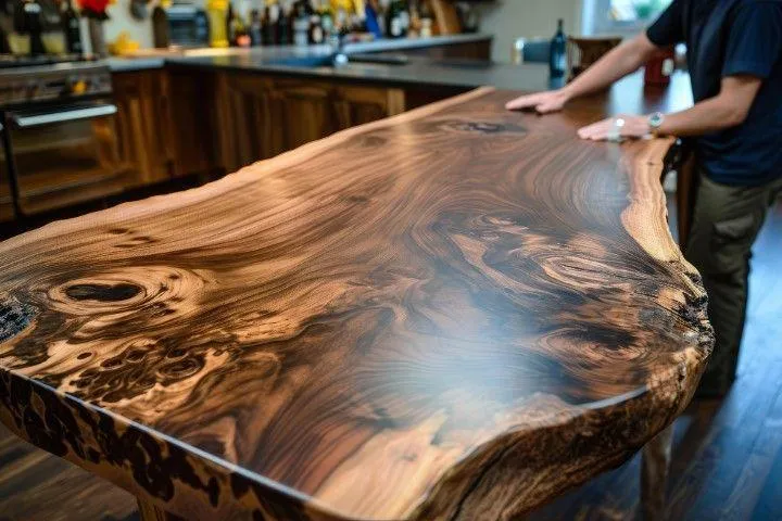 Custom Carpentry Creations in Clovis crafted this live-edge walnut slab countertop with a highly polished, rich grain.