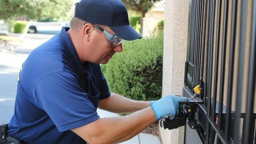 A Fencing Contractor in Exeter PA in a blue uniform and safety glasses repairs the electric lock mechanism on a metal gate.