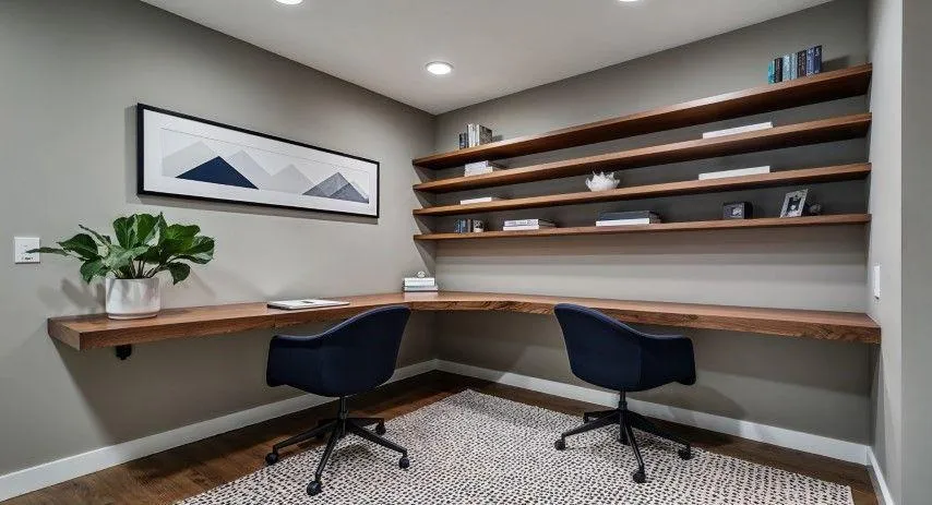 L-shaped live-edge wood desk with two chairs by Fort Washington Carpentry Craftsmen