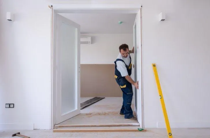 Craftsman installing double interior glass doors with a level tool by Fort Washington Carpentry Craftsmen in MD.