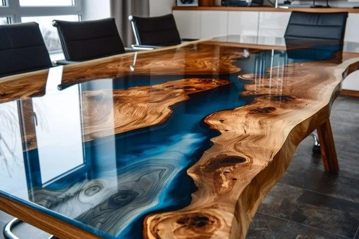Wethersfield Carpentry Masters in Wethersfield CT live edge wooden table with a striking blue epoxy river design.