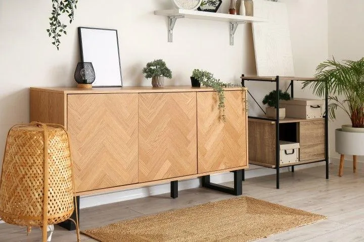 Wethersfield Carpentry Masters in Wethersfield CT modern wooden sideboard cabinet with a herringbone pattern.