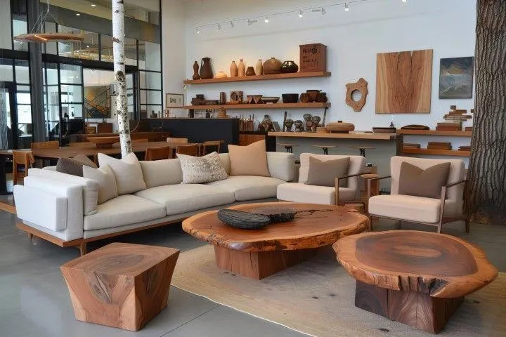 New Milford Carpentry Crafts in New Milford CT rustic living room with custom live edge wood coffee tables.