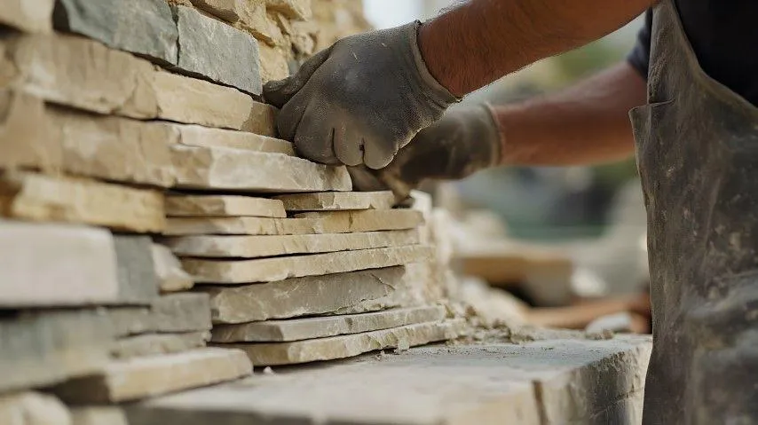 Clarington Masonry Craftsmen in Clarington ON meticulously stacking thin layered stone pieces for a textured wall.