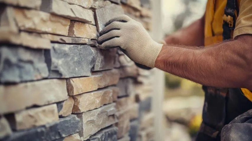 Clarington Masonry Craftsmen in Clarington ON carefully placing flat stacked stones onto an exterior wall.