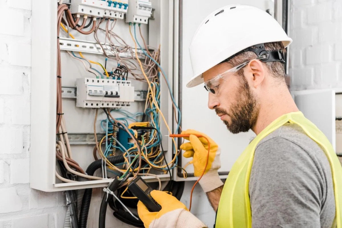Grandview Electrical Pro in Grandview MO testing electrical wiring in a breaker box with a multimeter.