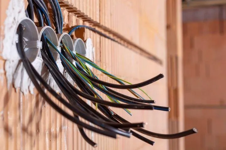 Wires extending from wall junction boxes during a building installation by Falls Electric Services Company in Falls PA.