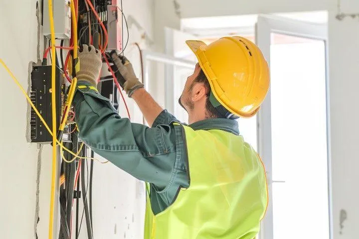 Electrician in a yellow hard hat managing colorful wiring for Falls Electric Services Company in Falls PA.