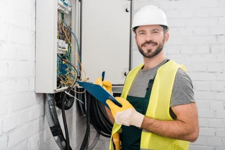 Grandview Electrical Pro in Grandview MO inspecting an open electrical panel and writing notes on a clipboard.