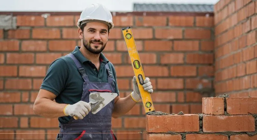 A smiling mason holding a trowel and level, representing San Gabriel Masonry in San Gabriel CA.