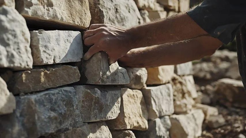 A stonemason carefully placing natural stones into a wall for San Gabriel Masonry in San Gabriel CA.