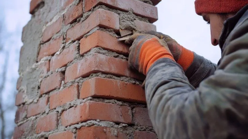 A worker repairing mortar joints on a brick chimney for San Gabriel Masonry in San Gabriel CA.