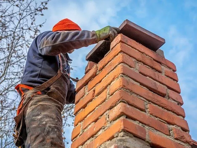 A mason in an orange beanie placing top tiles on a brick chimney for San Gabriel Masonry in San Gabriel CA.