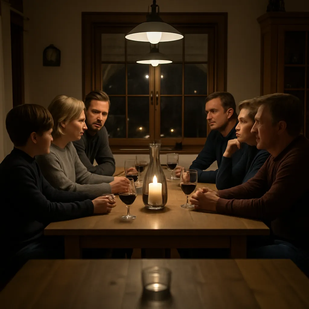 A modern illustrated cover of a family communication eBook, featuring a diverse family of four sitting together in a cozy living room, smiling and engaged in conversation, with soft blue and teal tones and a welcoming, uplifting atmosphere.