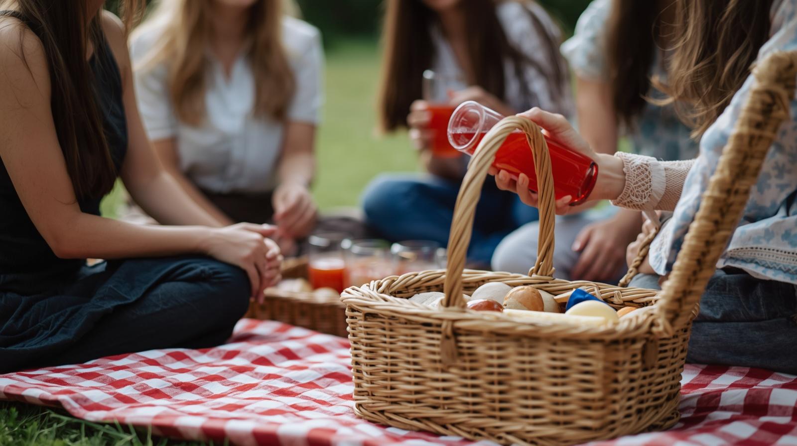 four women sitting on the grass with a basket of fruit