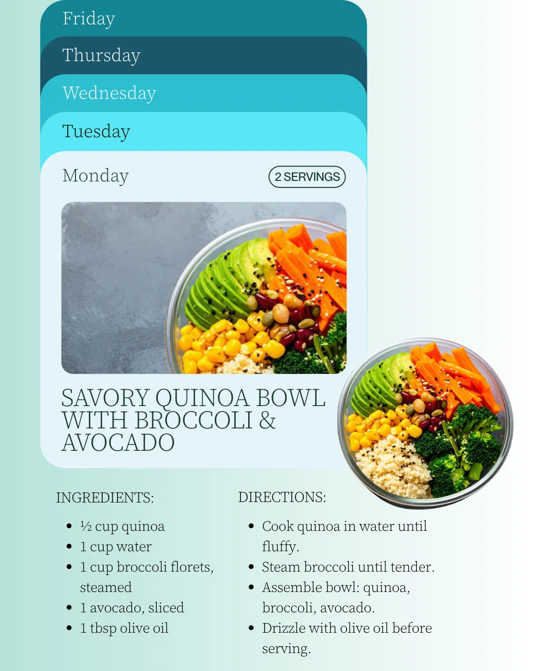 Colorful quinoa bowl with avocado, broccoli, and vegetables