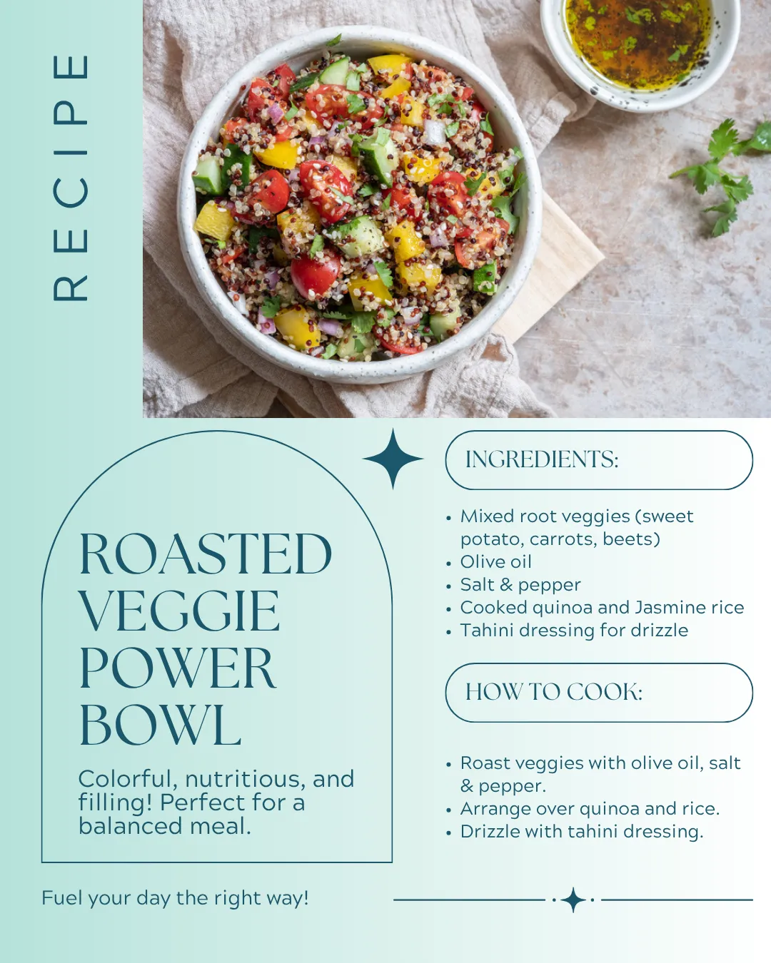 A bowl of colorful roasted veggies with quinoa and a side of tahini dressing