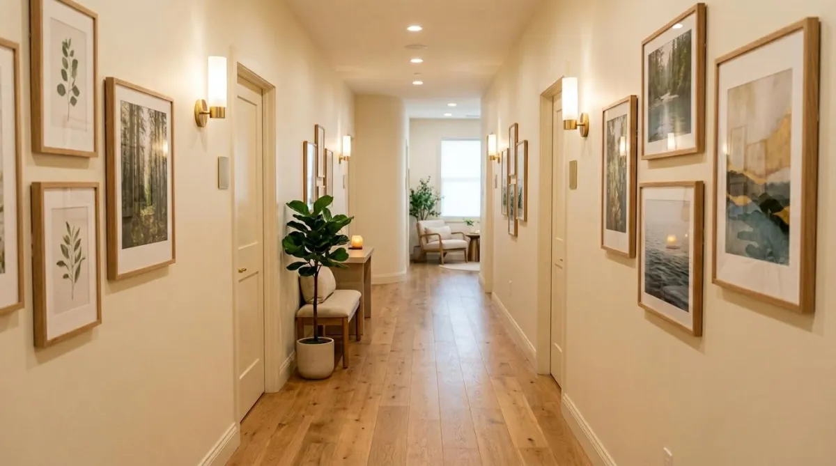 Welcoming TCM wellness clinic hallway at Shou Ren Zhai in Katy TX — warm wood floors, soft lighting, and a calm, clean environment for prenatal and postpartum care