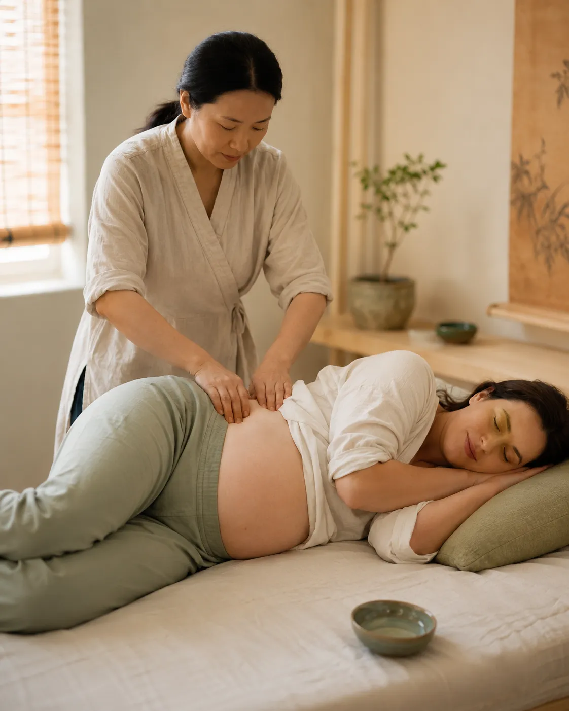 TCM practitioner's hands providing pregnancy-safe prenatal massage for lower back pain — Shou Ren Zhai, Katy TX
