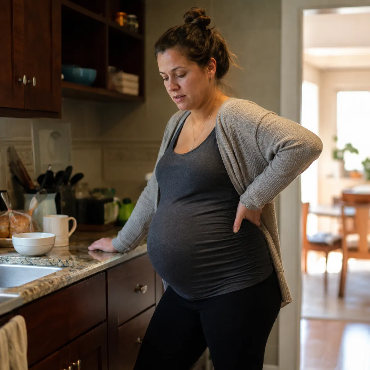Pregnant woman holding her lower back in pain at home — prenatal back and hip pain relief through TCM massage in Katy TX