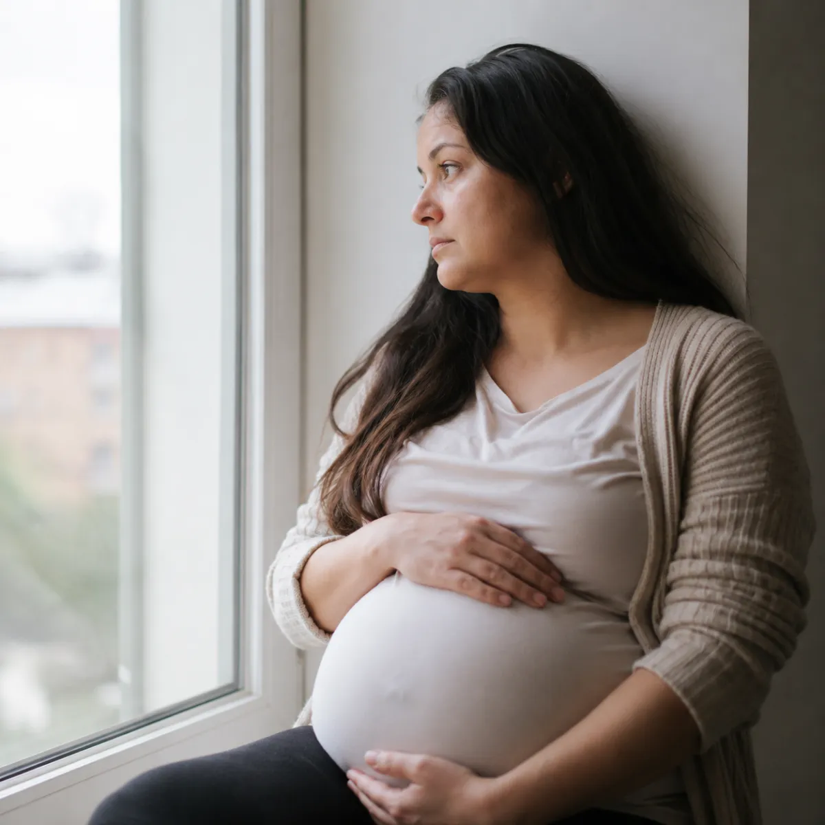 Pregnant woman sitting by window looking outside with quiet anxiety — prenatal stress and anxiety support through TCM care in Katy TX