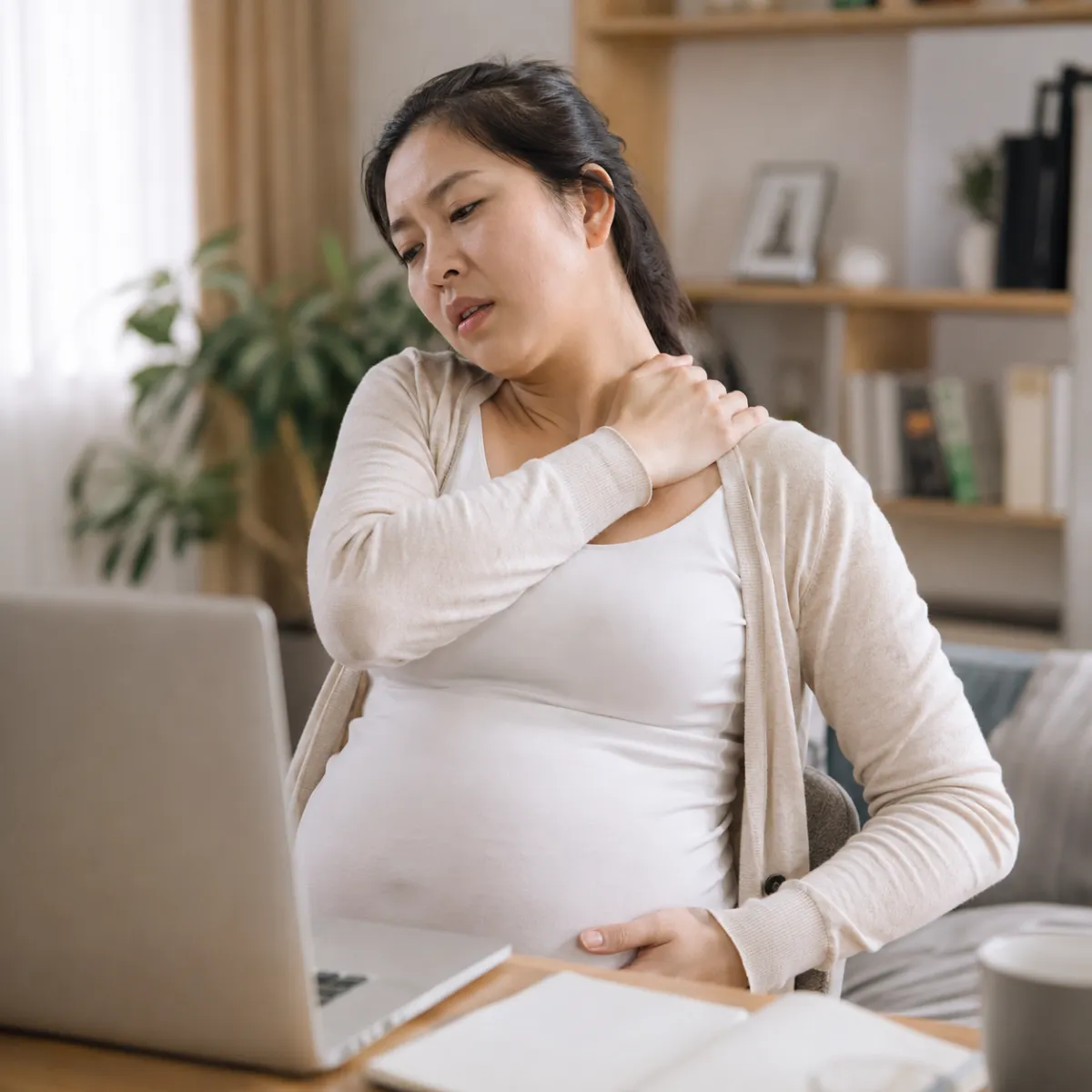 Pregnant woman rubbing sore neck and shoulder while working — pregnancy neck pain and sciatic discomfort relief through TCM massage near Houston TX