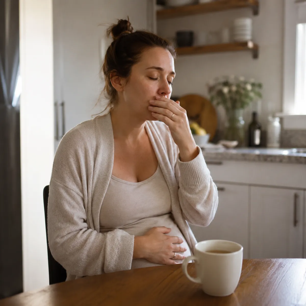 Pregnant woman feeling nauseous at kitchen table in the morning — morning sickness and pregnancy fatigue support through prenatal TCM care in Katy TX