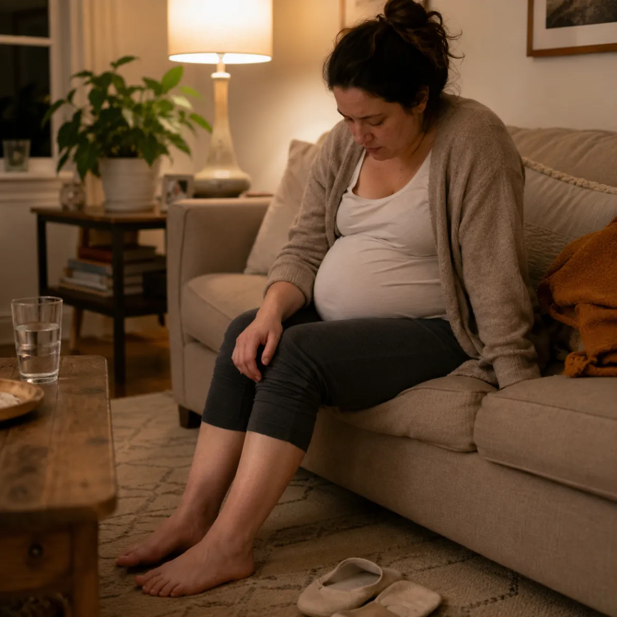 Pregnant woman sitting on couch at end of day with swollen feet and ankles — pregnancy leg swelling relief with prenatal TCM massage in Katy TX
