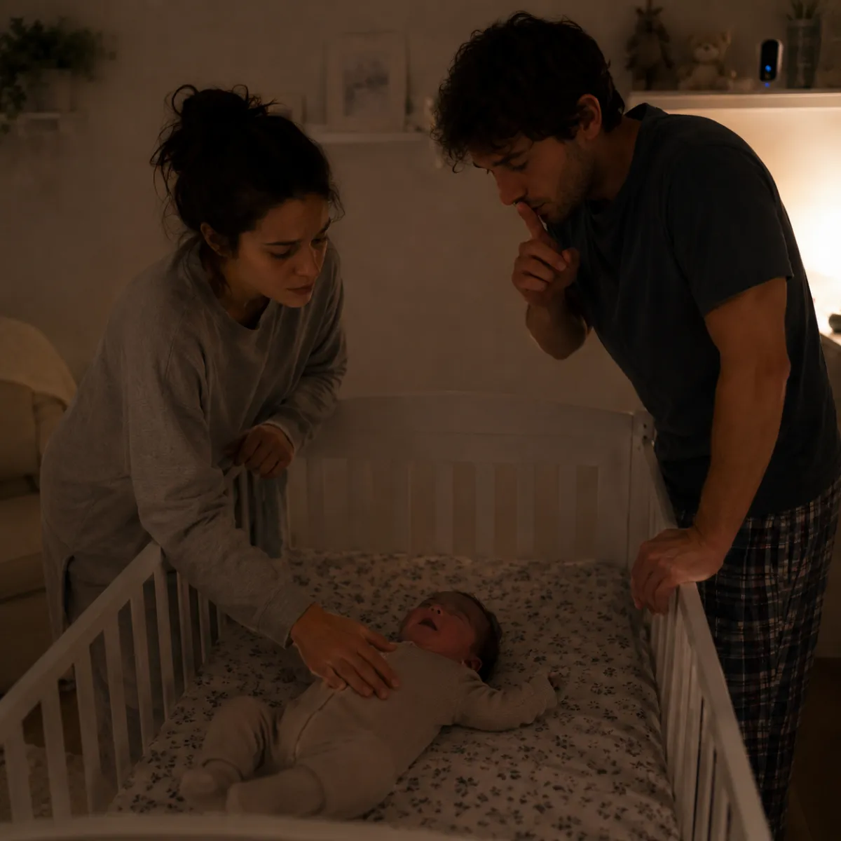 Tired parent soothing a fussy baby who won't sleep through the night