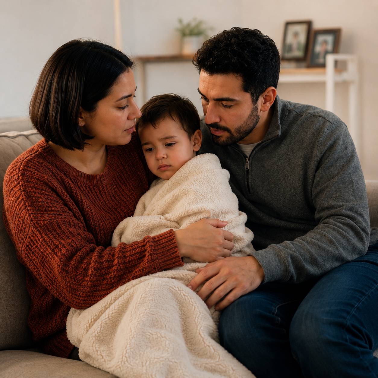 Parent caring for a child with a cold and lingering cough at home in Houston