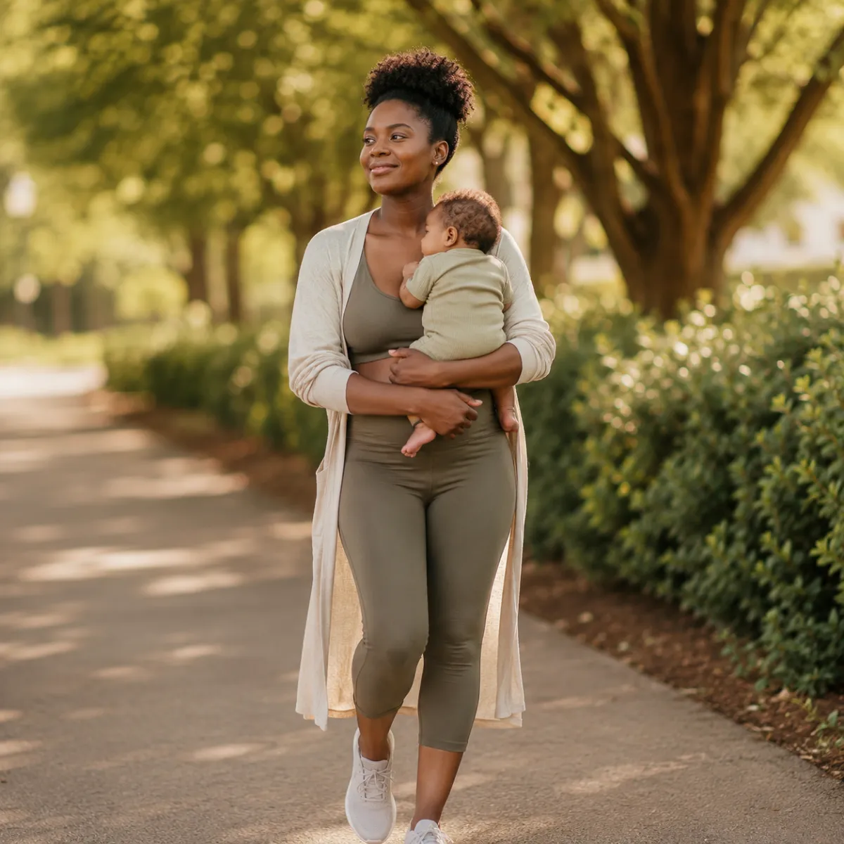 Postpartum Black mother walking confidently in a park during pelvic-floor recovery — postpartum care in Houston