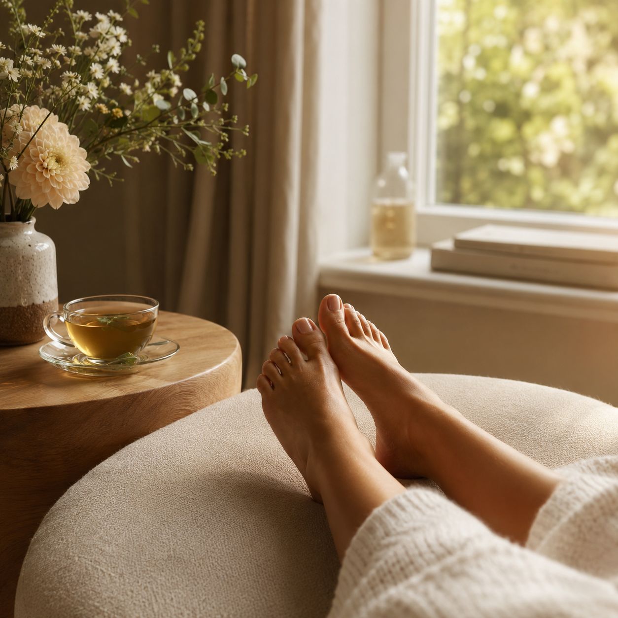 Restful postpartum recovery scene with feet up and herbal tea — easing swelling and fluid retention, Katy TX