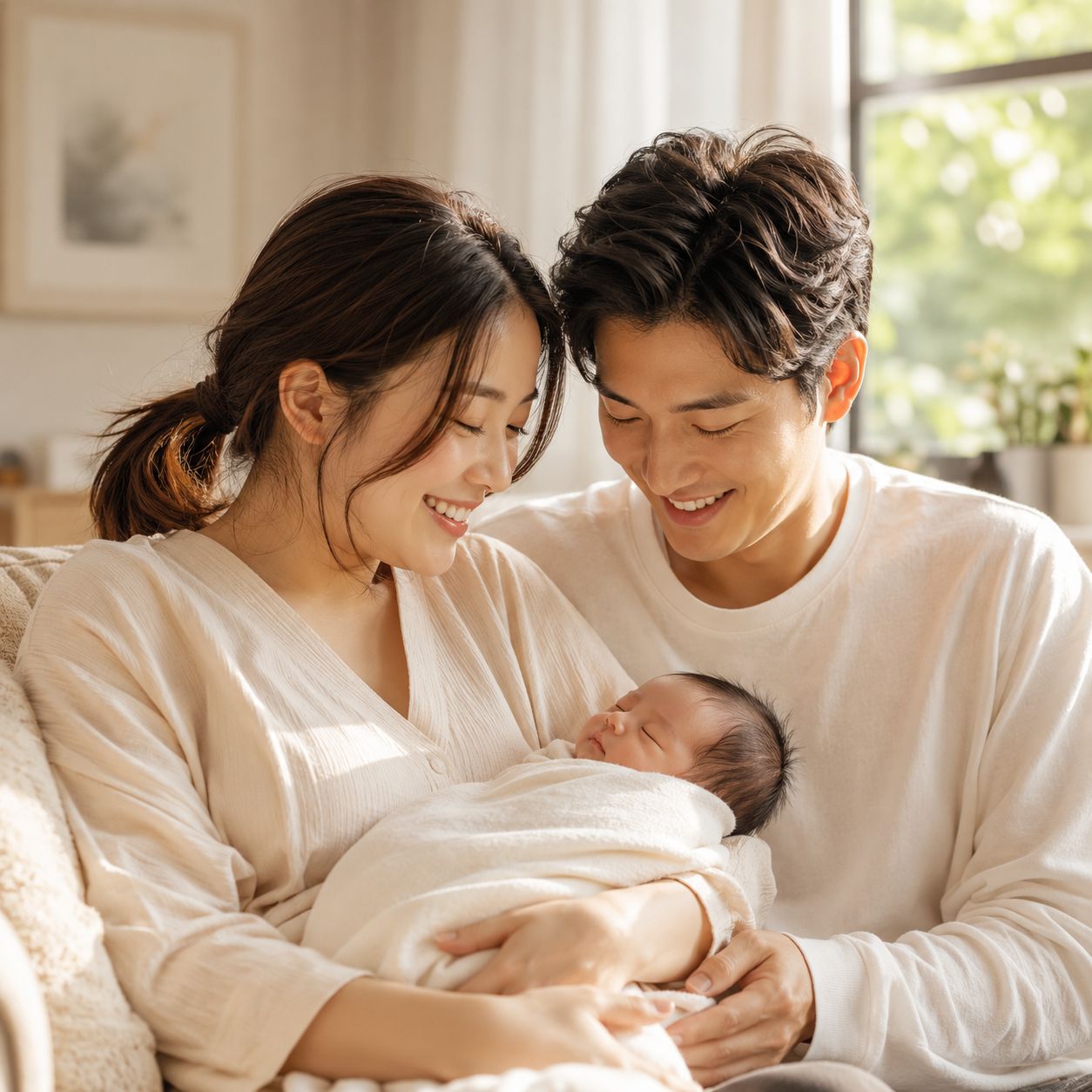 Asian parents holding their newborn together — postpartum energy and emotional recovery support in Houston