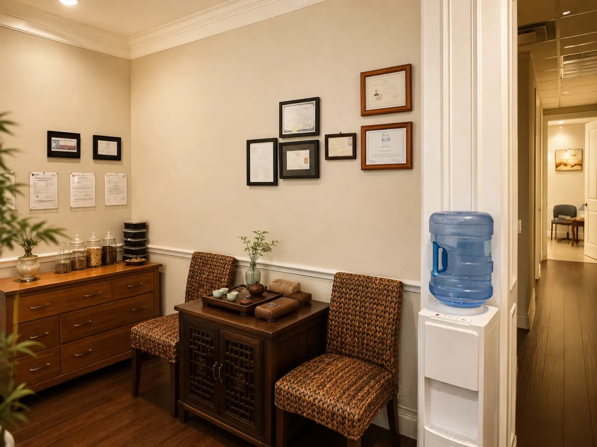 Welcoming TCM wellness clinic hallway at Shou Ren Zhai in Katy TX — warm wood floors, soft lighting, and a calm, clean environment for prenatal and postpartum care